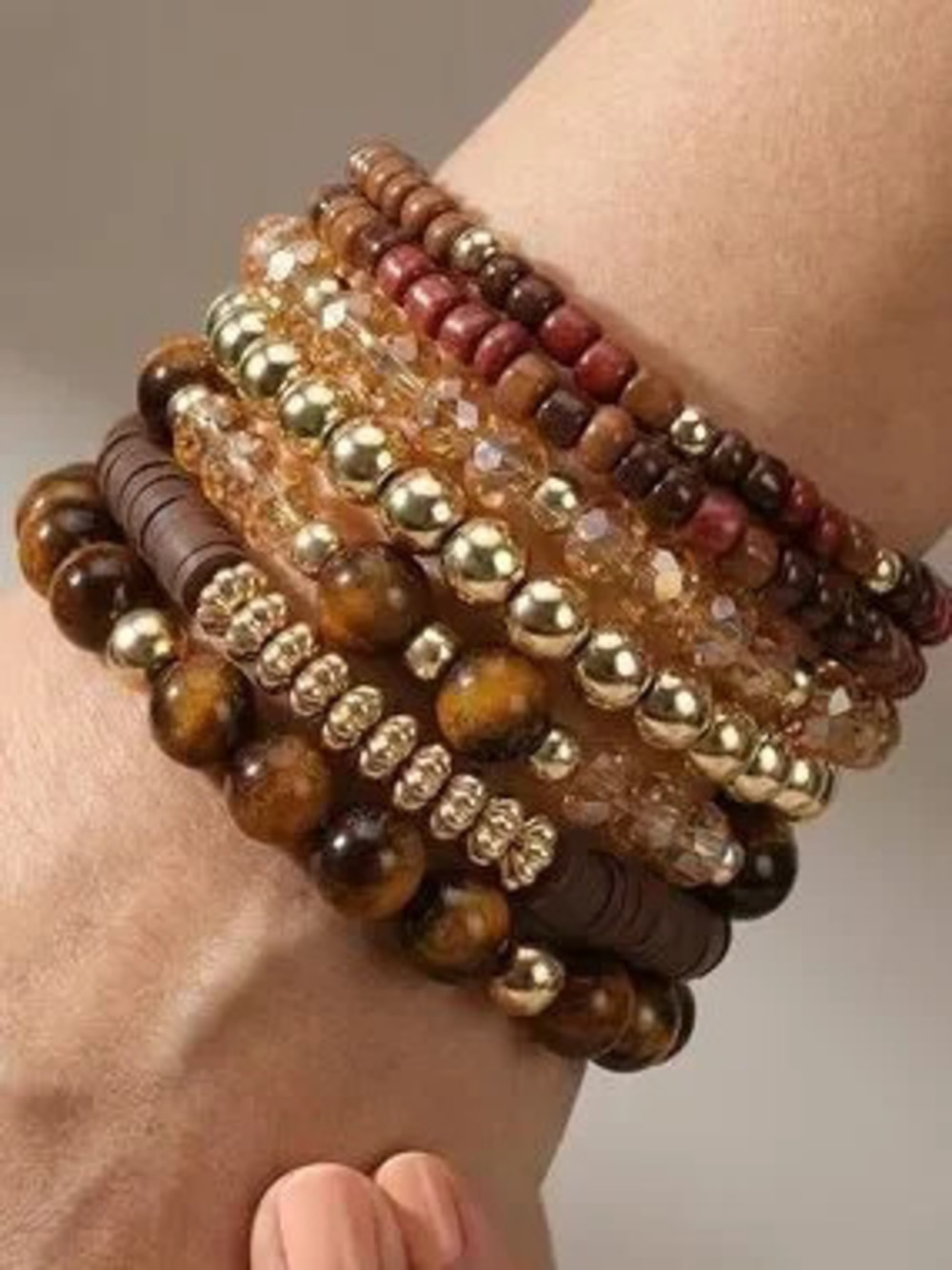 Anthropologie Layered Brown, Gold & Amber Color Bead Bracelet Set